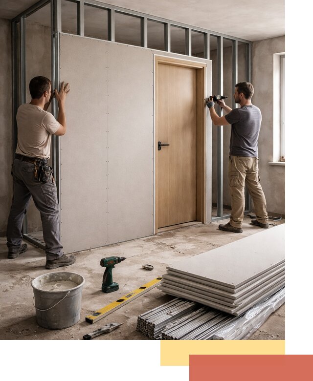 Перегородка из гипсокартона с дверью под ключ в Курске