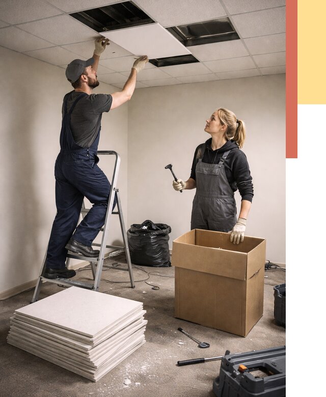 Демонтаж потолочной плитки в Курске от 4691 руб. быстро и недорого | ОТДЕЛОЧНИК-Кус