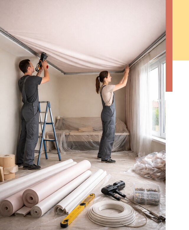 Монтаж цветного натяжного потолка в Курске от 4378 руб/м² — быстро и недорого | ОТДЕЛОЧНИК-Кус