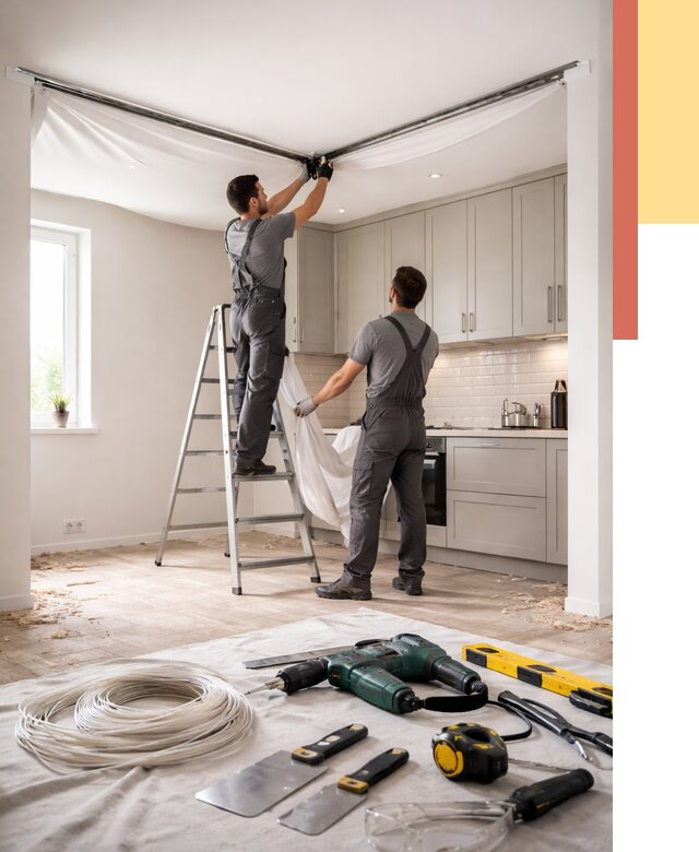 Установка натяжного потолка на кухне в Курске от 2502 руб. | ОТДЕЛОЧНИК-Кус