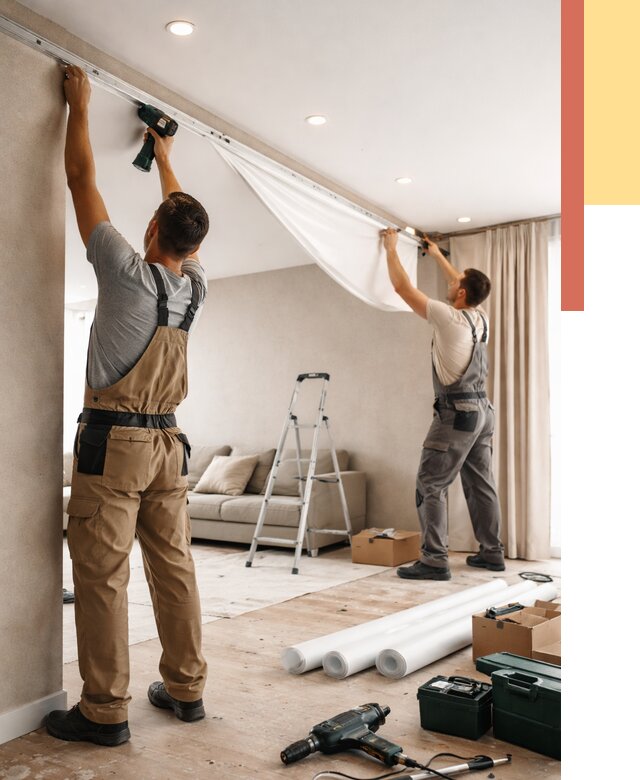 Монтаж натяжного потолка в гостиной в Курске от 573 руб. | ОТДЕЛОЧНИК-Кус