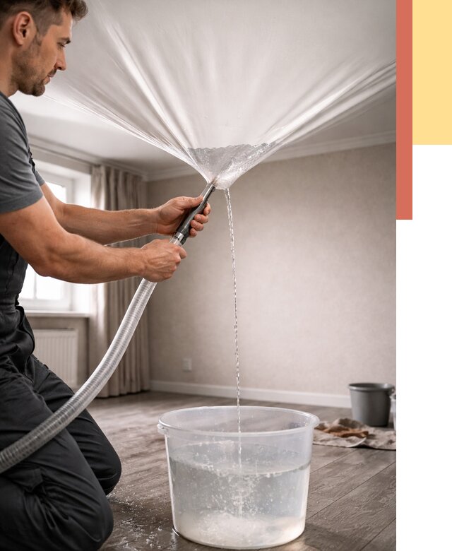 Слив воды с натяжного потолка в Курске от 2606 руб. быстро и недорого | ОТДЕЛОЧНИК-Кус